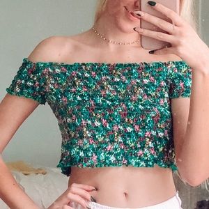 Green floral crop top